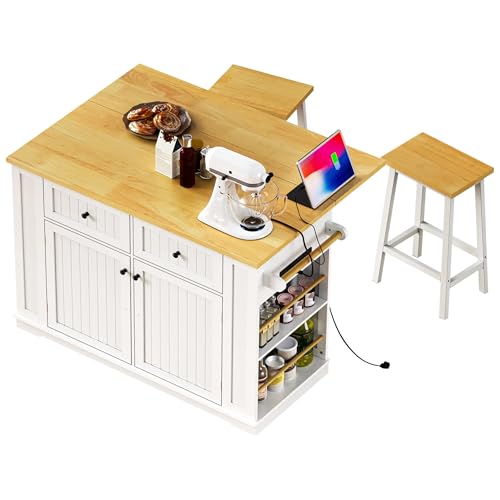 Rolling Kitchen Island with Drop Leaf & Power Outlet, Large Kitchen Islands Cart on Wheels