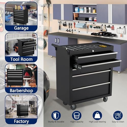 Rolling Tool Chest, 4 Drawers Tool Storage Cabinet, Toolbox with Wheels, Portable Tool Cabinet Organizer with Locking System & Drawer Liners