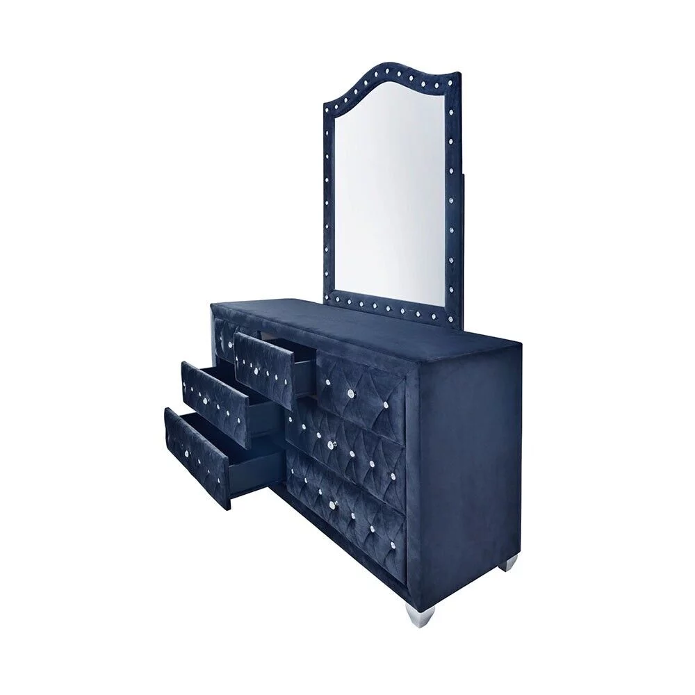 Modern 6Pc King Size Bed Dresser Mirror Nightstand Chest Set Master Bedroom Furniture Blue Velvet