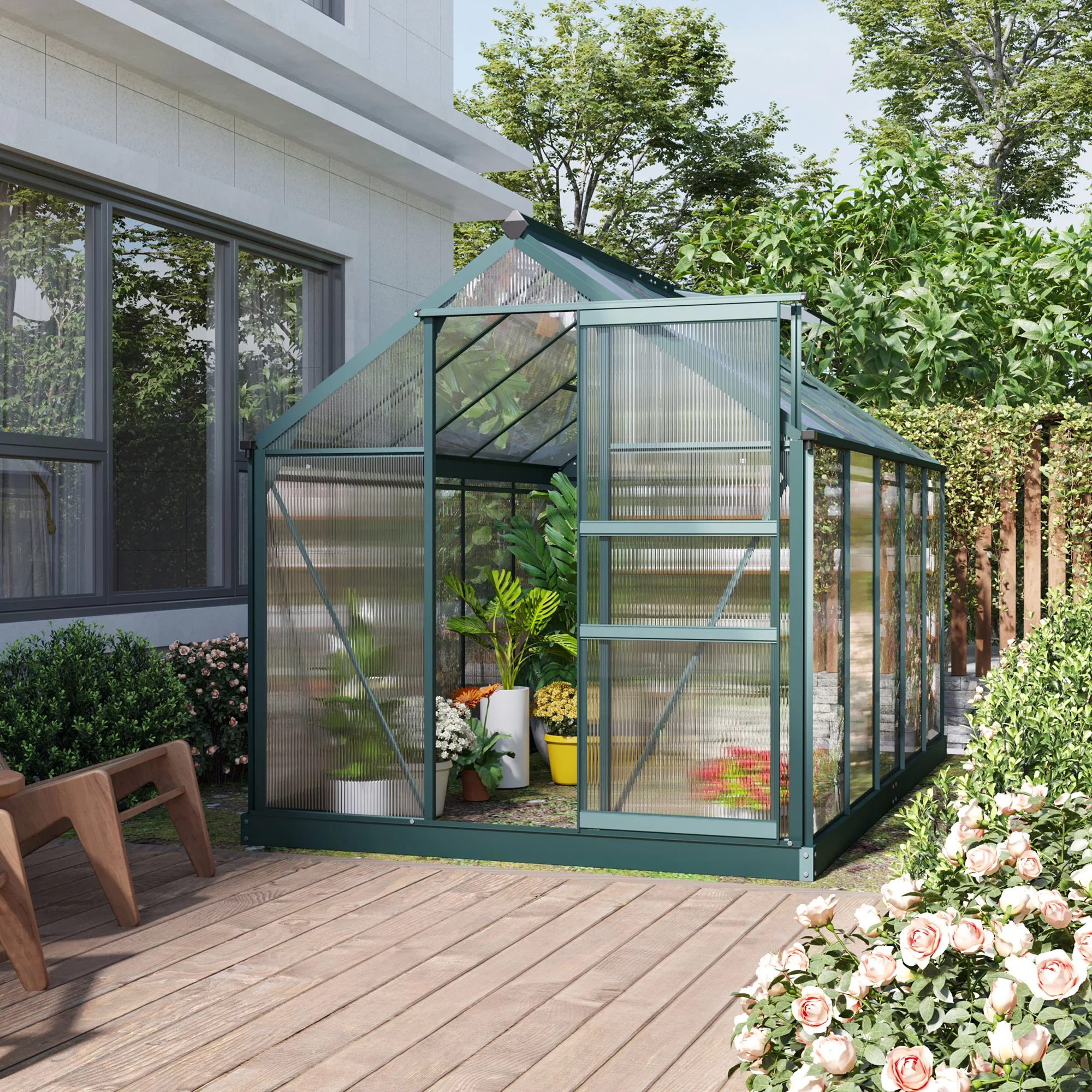 Outsunny 6' x 10' x 7' Large Polycarbonate Walk-in Greenhouse, Green