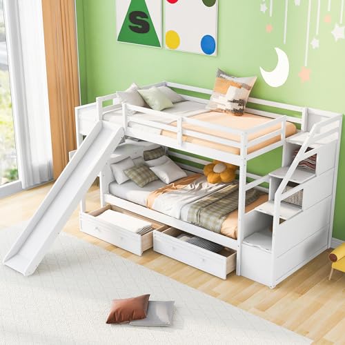 Harper & Bright Designs Bunk Beds Twin Over Full Size, Bunk Bed with Trundle,Storage Shelf and Stairway