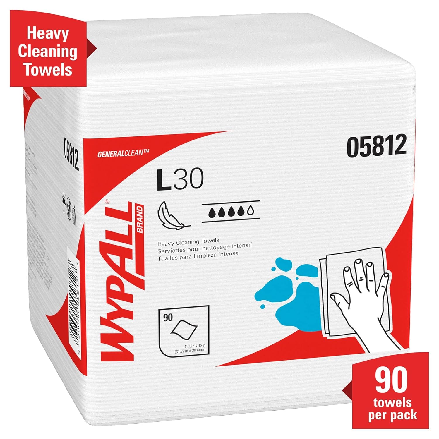 WypAll General Clean L30 Heavy Duty Cleaning Towels (05812), Strong and Soft Wipes, White, 12 Packs / Case, 90 Towels / Pack