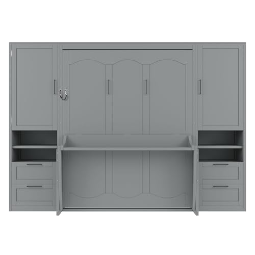 Queen Size Murphy Bed Wall Bed with Desk and Closet,Drawers and Shelves,for Small Spaces Studio Study Office Guest Room Use (Gray#Desk, Queen)