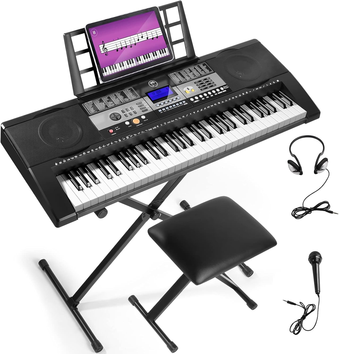MUSTAR 61 Key Piano Keyboard, Portable Touch Sensitive Keyboard Piano for Beginners, Electric Keyboards Piano with Stand, LCD Display, Bench