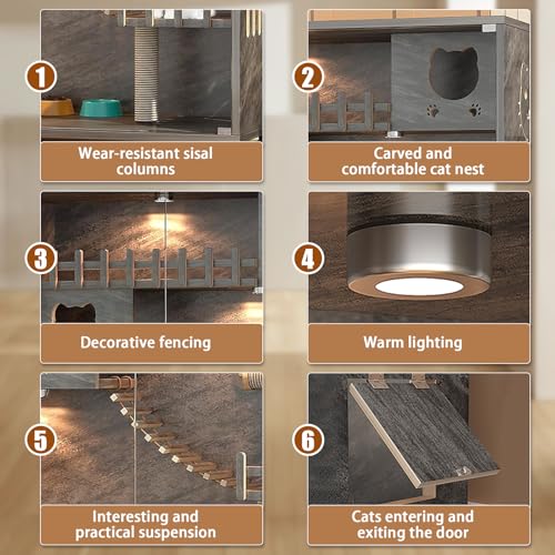 Enclosed Cat Condo, Large Space Cat Cage with Scratching Post, Wooden Indoor/Outdoor Cat Enclosure, Multi-Feature Cat Houses Ventilation Glass Doors