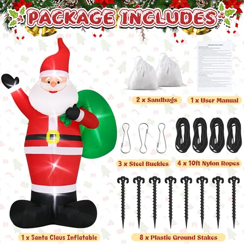 15FT Christmas Inflatables, Giant Inflatable Santa Claus Holding Gift Bags, Blow Up Christmas Santa Claus with 8pcs LED