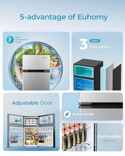 EUHOMY Mini Fridge with Freezer, 3.2 Cu.Ft Mini Refrigerator, Dorm Fridge with 2 Door For Bedroom/Apartment/Office-Food Storage Cooling Drink, Black