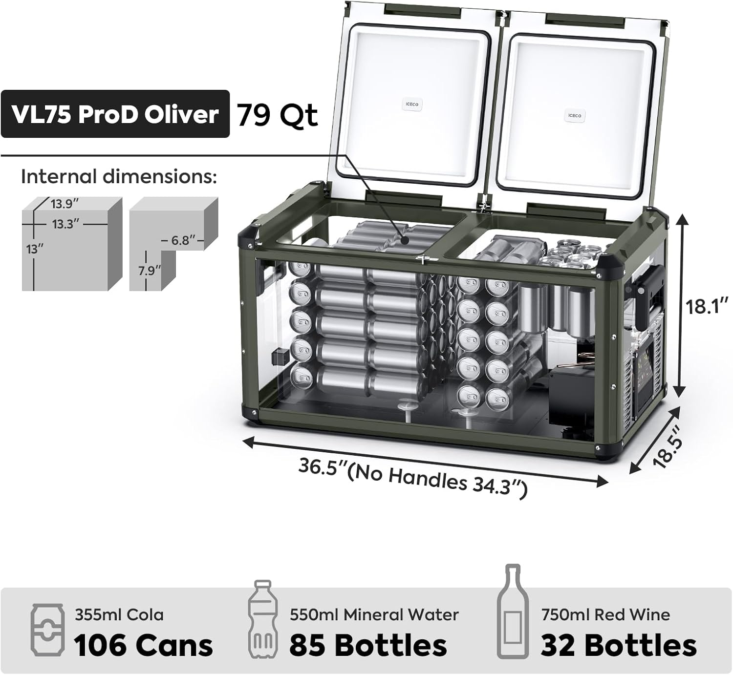 ICECO VL75ProD Portable Refrigerator, Dual Zone 12 Volt Car Fridge Freezer with SECOP Compressor, 78Qt 12V Portable Freezer with AC/DC, 0掳F to 50掳F