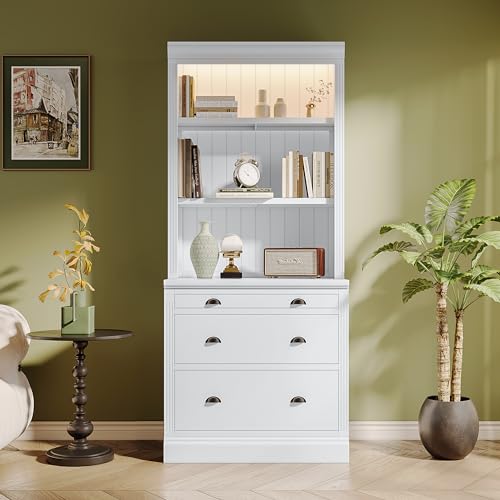 Modern 83.4" Tall 2 Bookshelf & 1 Writting Desk Suite,Bookcase Suite with LED Lighting, Drawers,Study Desk and Open Shelves