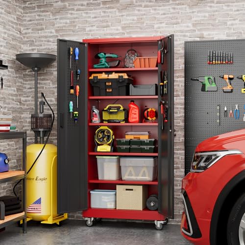 71" Metal Storage Cabinet with Wheels and Pegboard, Lockable Rolling Steel Storage Cabinet with 5 Adjustable Shelves and Door for Garage, Office