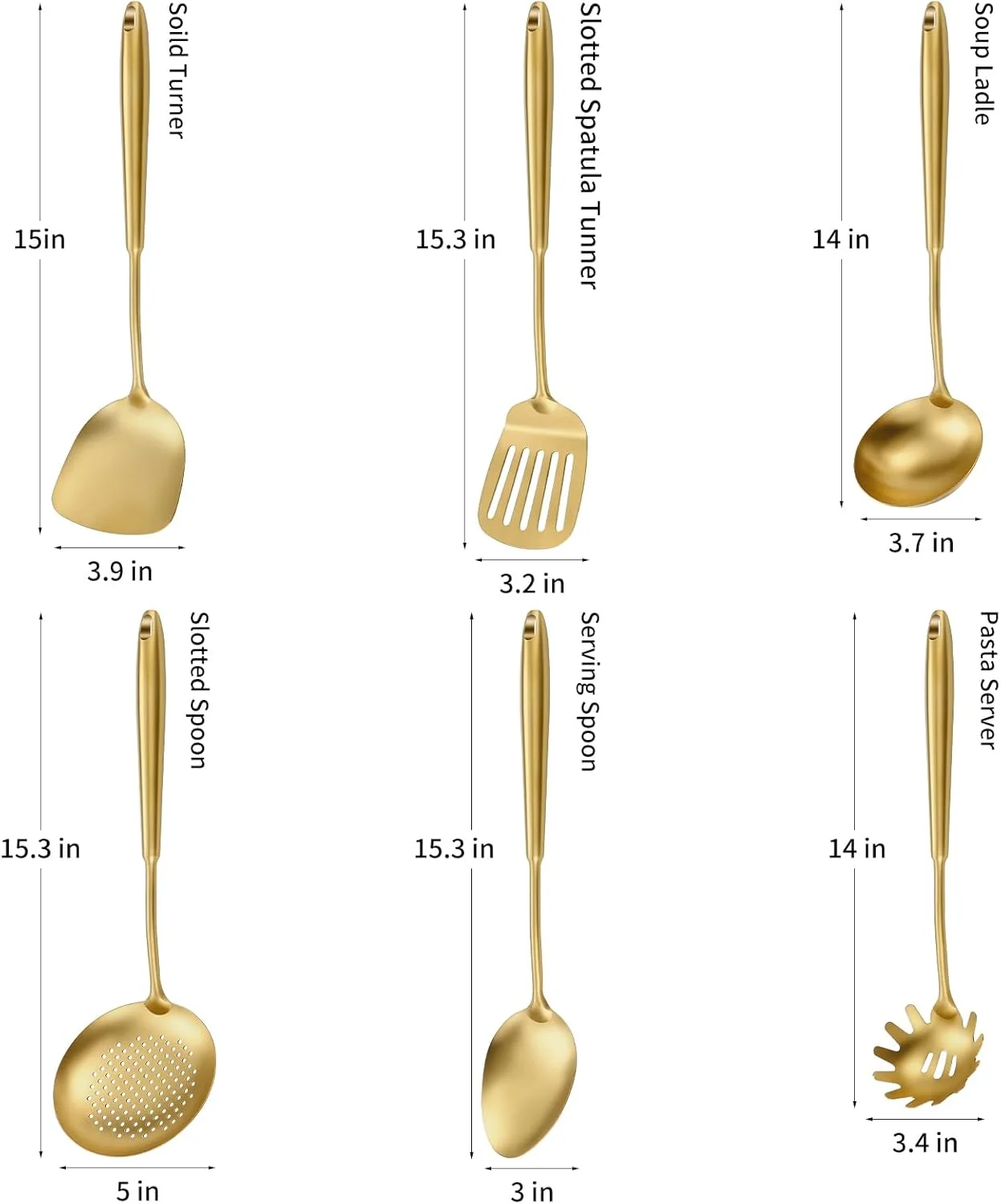 304 Stainless Steel Cooking Utensils,6 Pcs Kitchen Cooking Utensils Set with Spatula, Solid Spoon, Ladle, Skimmer, Spaghetti Spoon
