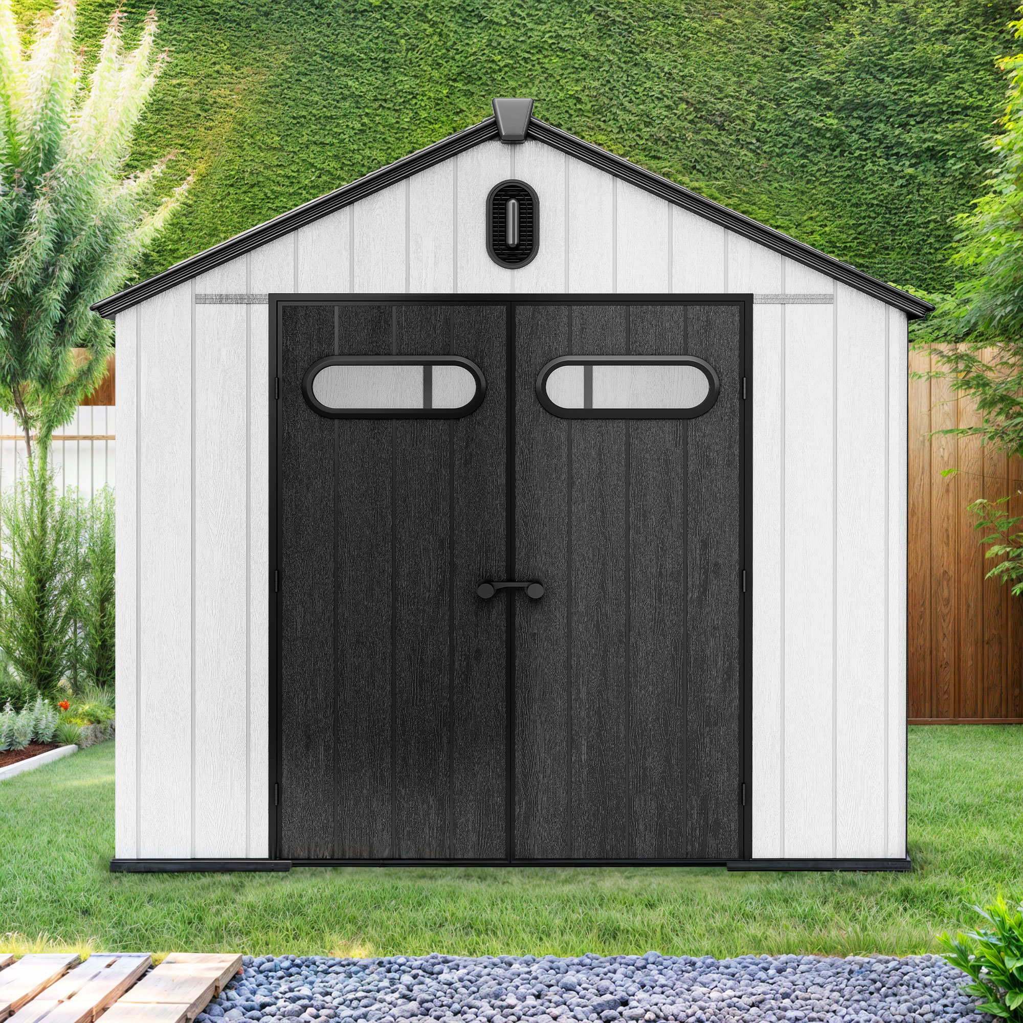 ModFusion 8x8 Ft Improved Natural Light, Outdoor Resin Storage Shed, 2 Door with Lock, Floor, Gable Roof, Windows, Air Vent, for Bike, Trash Can
