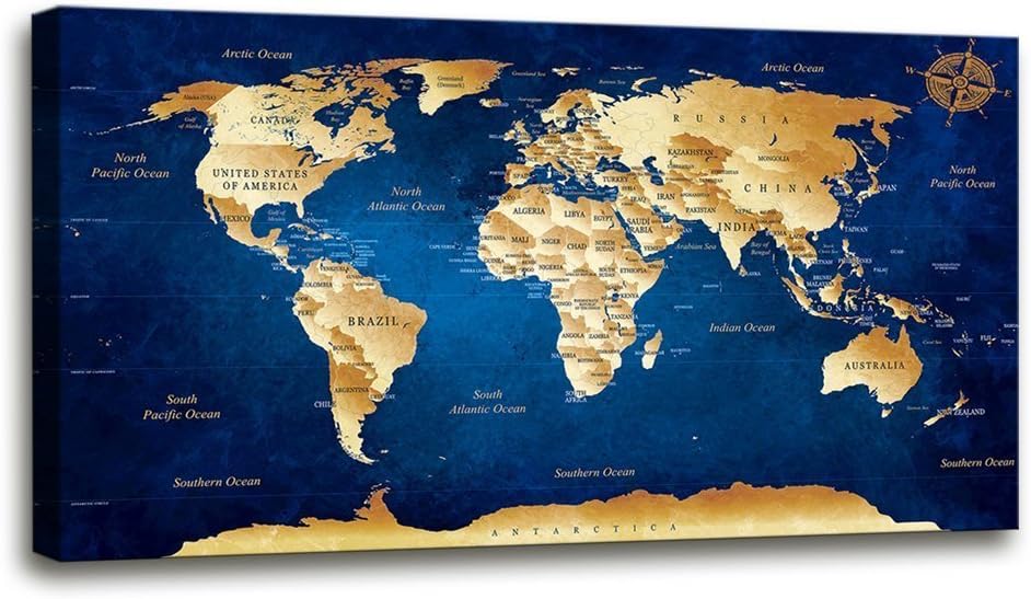 Wall Art blue map of the world Painting Ready to Hang -20 x 40 Pieces Large Framed wall art world Map Canvas Art Map wall decorations Artwork Prints