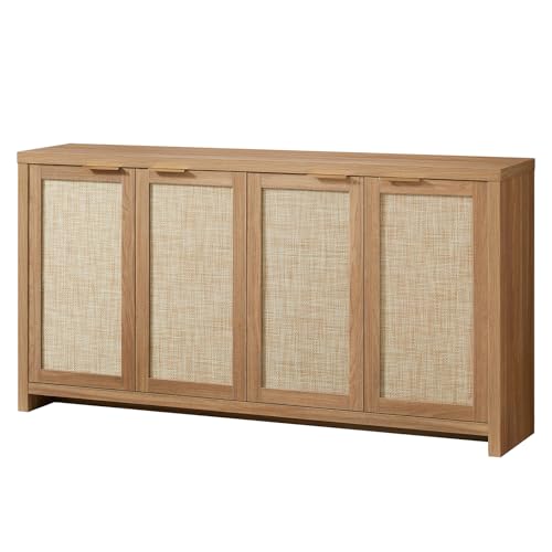 Hampstead Rattan 4-Door Storage Sideboard Cabinets with Adjustable Shelves, Boho Accent Buffet Cupboard Console for Kitchen, Living Room, and Hallway