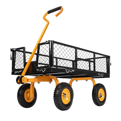 VIVOHOME Heavy Duty 880 Lbs Capacity Mesh Steel Garden Cart Folding Utility Wagon with Removable Sides and 4.10/3.50-4" Wheels 10 inch Tire (Black)