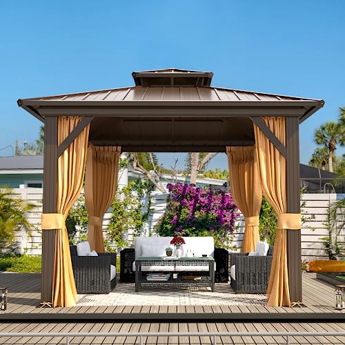 MELLCOM 10'x13' Hardtop Gazebo with Polycarbonate Double Roof, Aluminum Frame Outdoor Gazebo Permanent Pavilion with Curtains and Netting for Patio