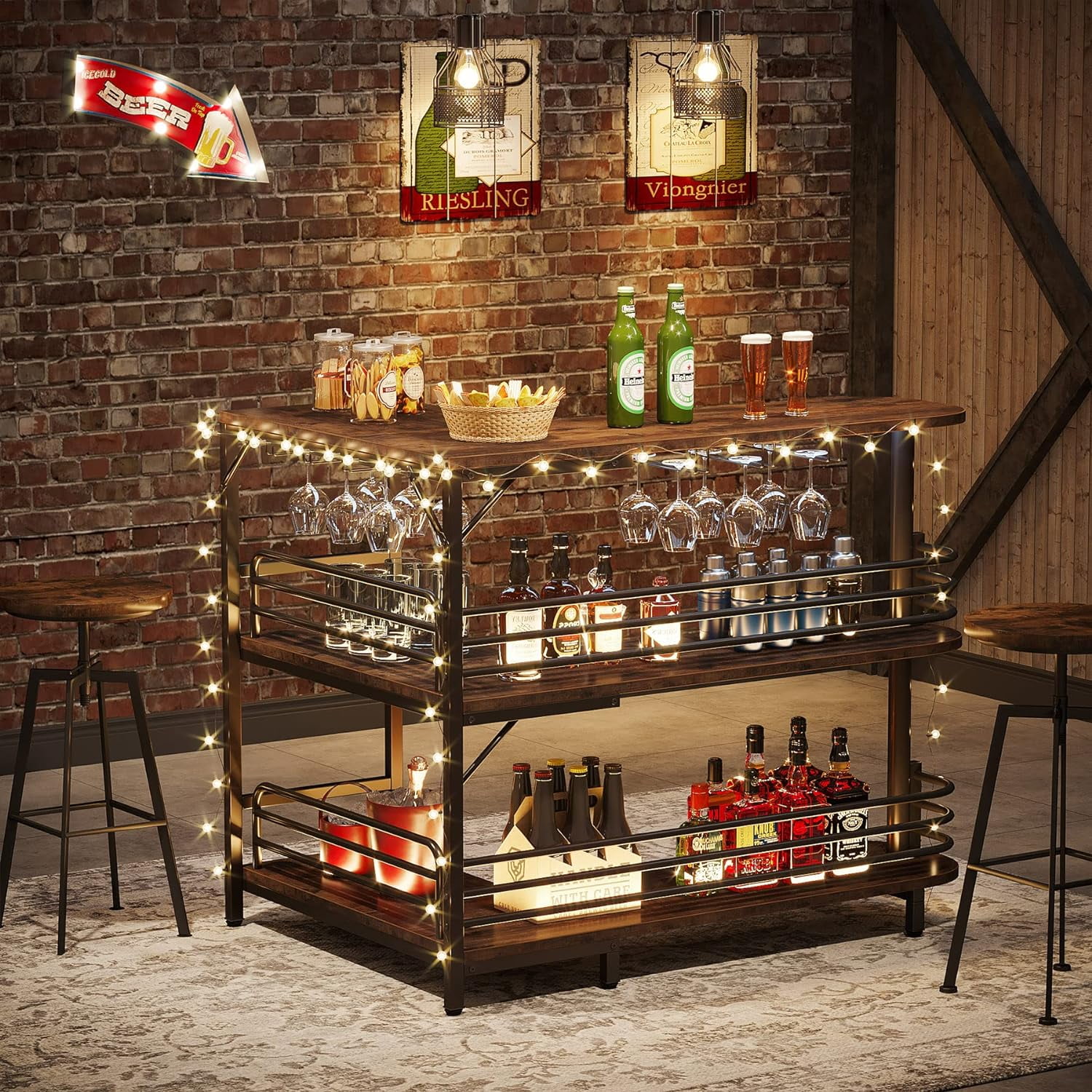 U-SHARE L-Shaped Home Bar Unit, 3 Tier Liquor Bar Table with Storage Shelves and Wine Glasses Holder