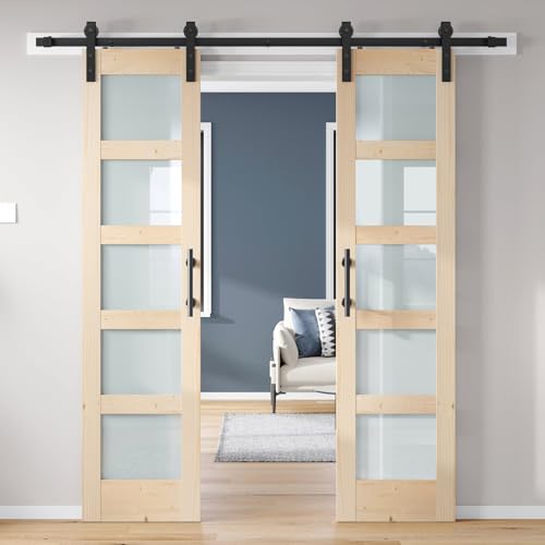 42x84 inch Glass Sliding Barn Door Slab with 7ft Hardware Kit Included, 5-Panel Frosted Glass, Spruce Wood Support DIY Dyeing, Easy Assembly