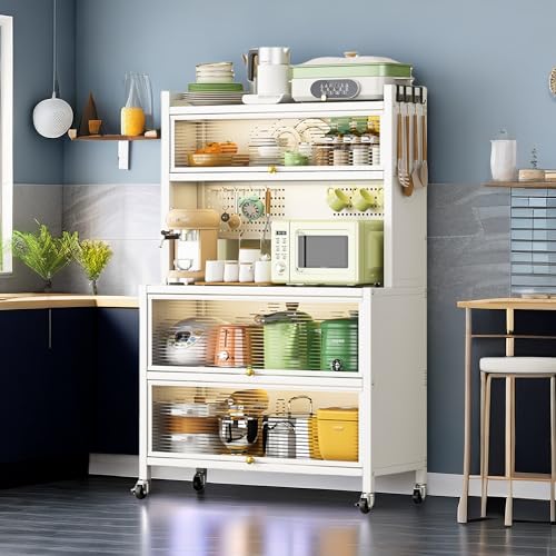 5 Tier Kitchen Baker's Rack with Storage Cabinet, 65 Inches Standing Microwave Stand Storage Rack with Flip Door