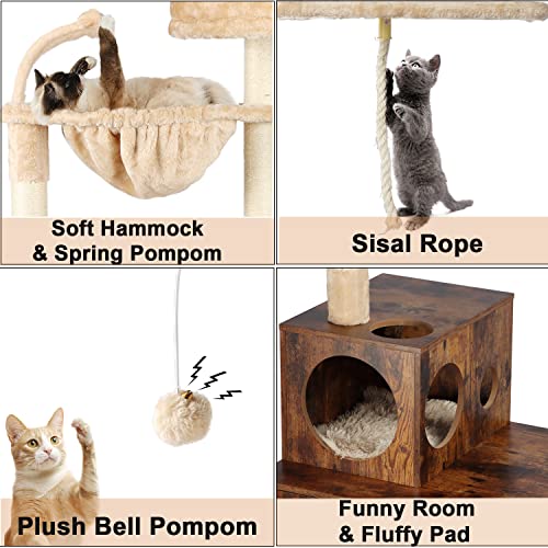 Cat Tree with Litter Box Enclosure, 2-in-1 Cat Tower for Indoor Cats, Large Wood Cat Condo with Basket, Scratching Posts, Pompoms, Rustic Brown