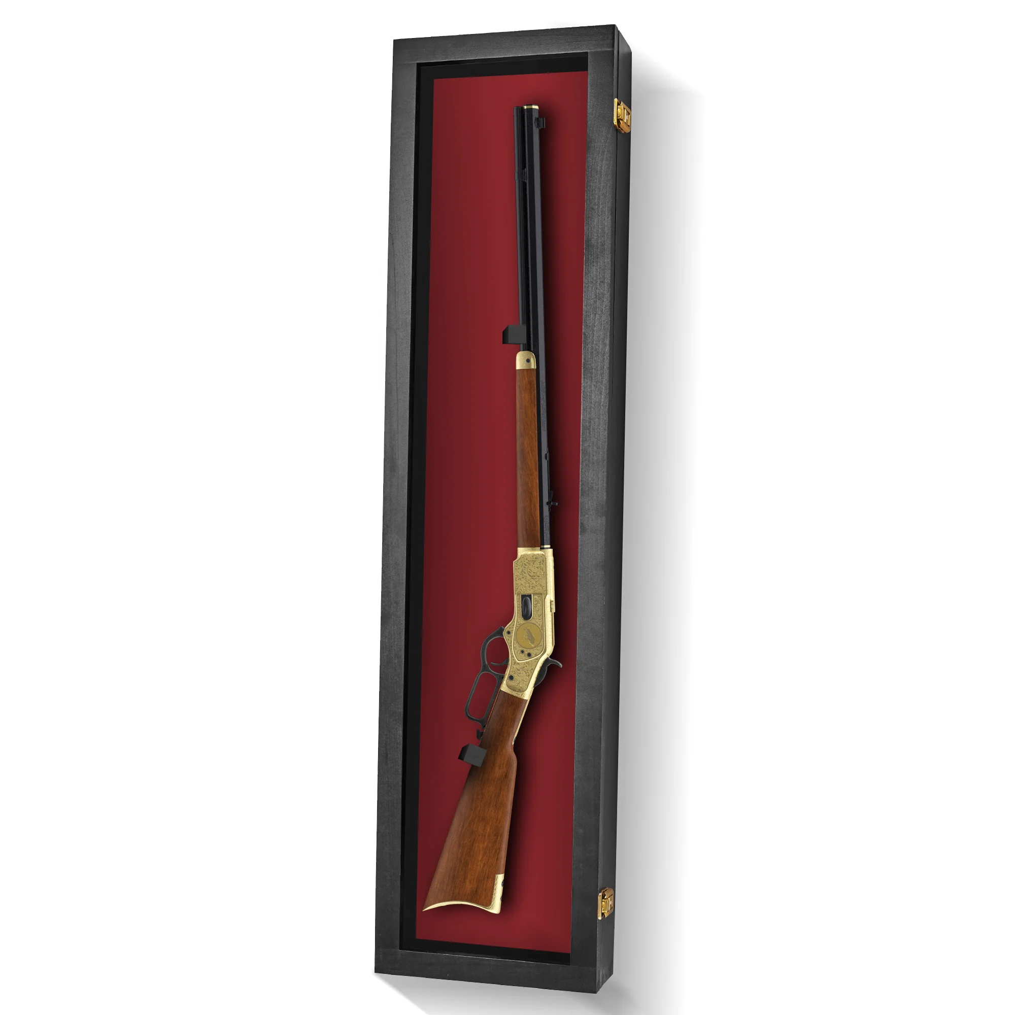 PENNZONI Rifle Gun Display Case, Clear Acrylic & Hardwood Cabinet, Golden Oak w/ Red Felt