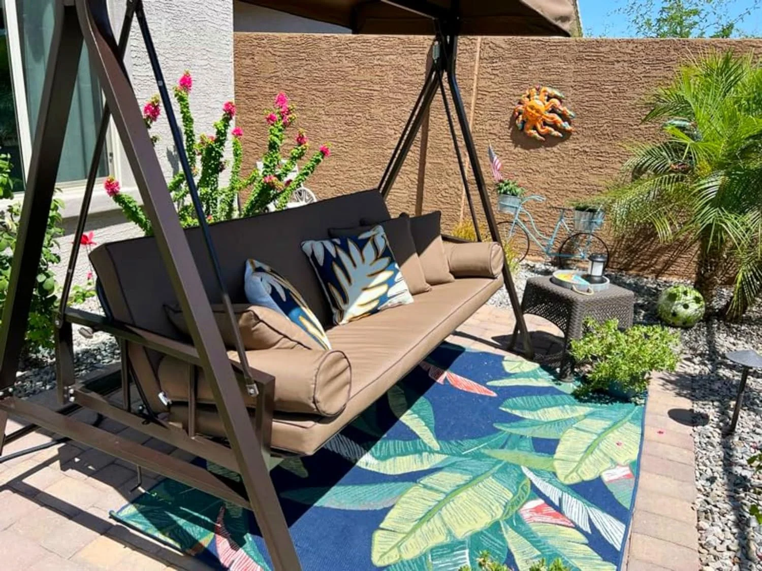 PURPLE LEAF Outdoor Patio Porch Swing Adjustable Backrest, 3-Seat Swing Chair with Weather Resistant Steel Frame for Backyard Front Porch Lawn