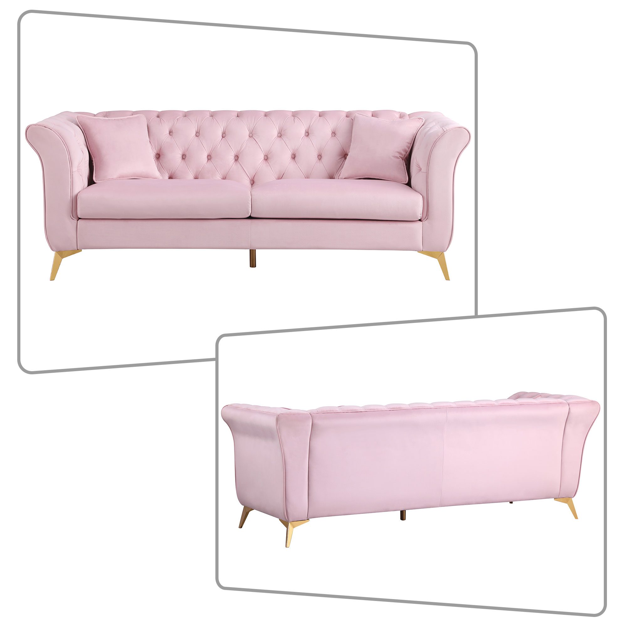 Modern and Elegant Style 2-piece Velvet Fabric Upholstered Sofa with 4 Pillows, Button Tufted Design and Metal Legs for Living Room, Bedroom, Office