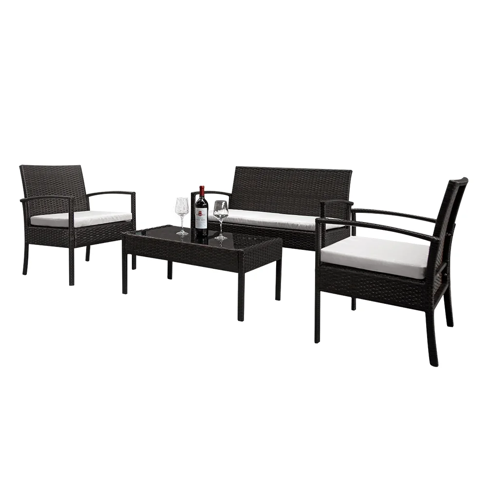 Patio Furniture Set ON SALE, Seizeen 4 Pieces Outdoor Rattan Patio Conversation Set, Cushioned Sofa and Coffee Table Deck Porch Furniture for 4, Brown