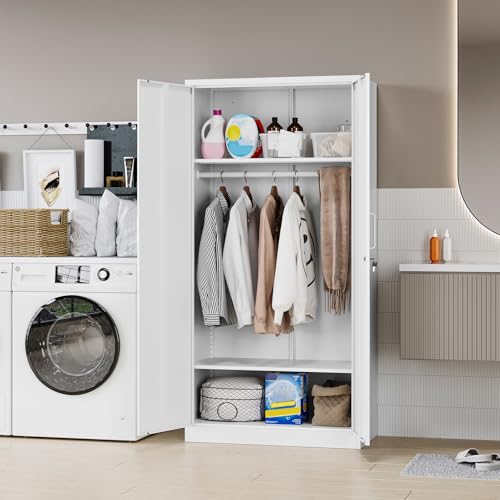 MIIIKO Steel Cabinet Wardrobe, Metal Locker Cabinet with Hanging Rod, Metal Clothing Locker Storage for Home, Office, Garage and Changing Room
