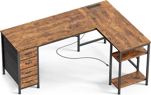 Huuger 63 Inch L Shaped Desk with Fabric Drawers, Reversible Computer Gaming Desk with Power Outlets and USB-C Port, Adjustable Side Storage Shelves