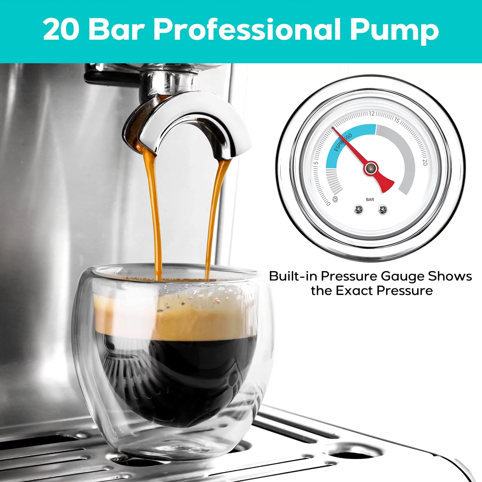 Casabrews 20 Bar Espresso Machine with Milk Frother Steam Wand, Cappuccino Machine with Grinder, Silver