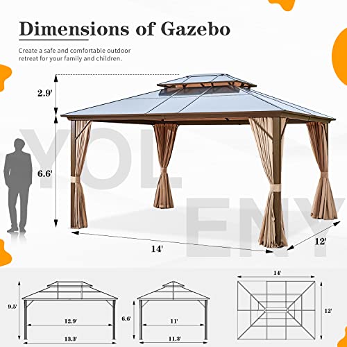YOLENY 10'x13' Hardtop Gazebo, Outdoor Polycarbonate Double Roof Canopy, Aluminum Frame Permanent Pavilion with Curtains and Netting
