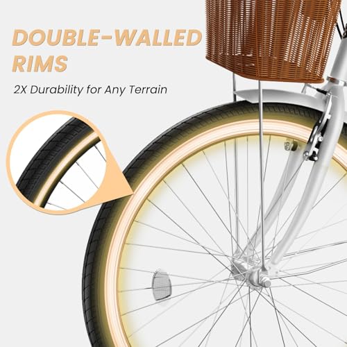 MOONCOOL Womens Bike 7 Speed, 24 26 inch Beach Cruiser Bikes for Women, Step Through Adult Bicycle with Front Basket for City Commuting