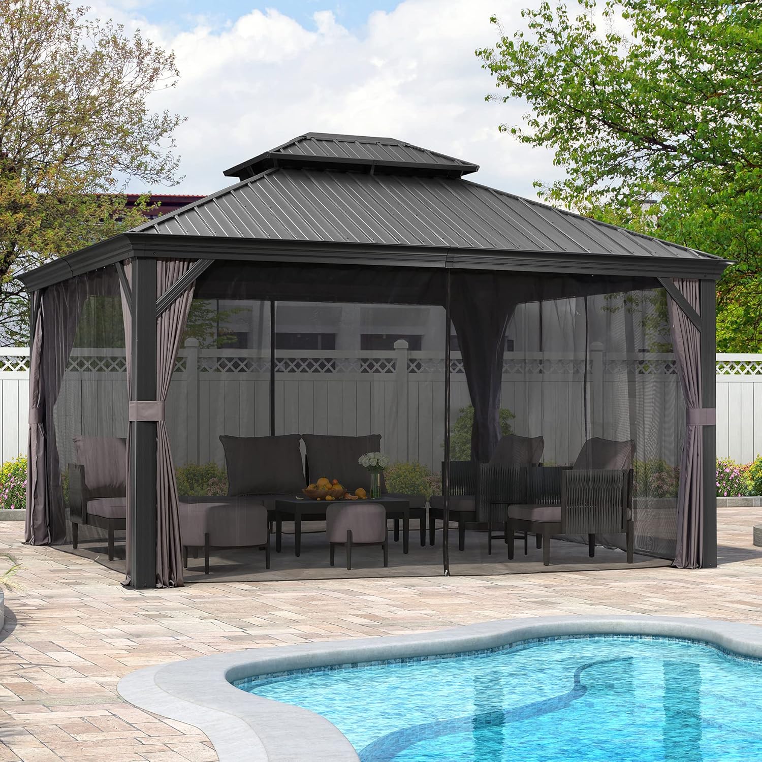 PURPLE LEAF 12' X 14' Hardtop Gazebo Aluminum Permanent Outdoor Gazebo with Galvanized Steel Double Roof for Patio Backyard Curtains and Netting