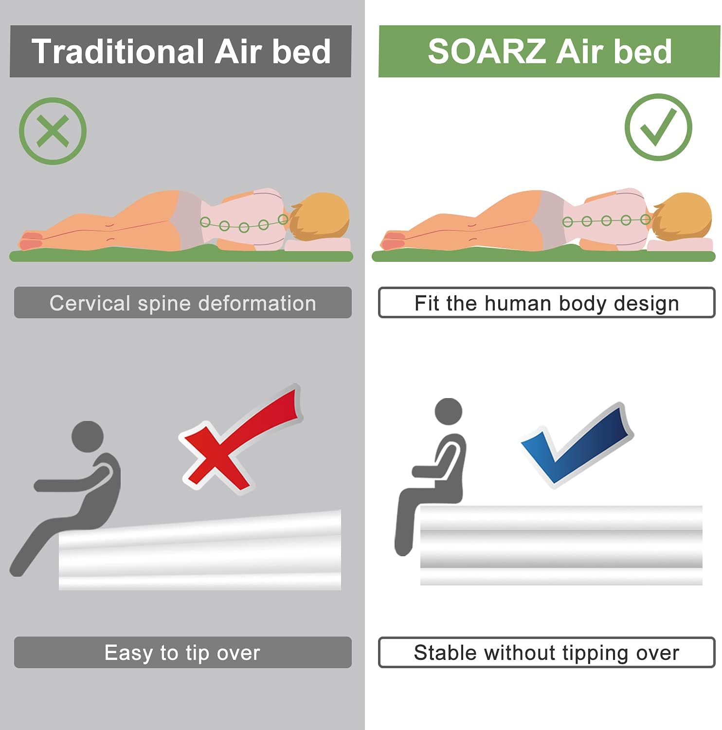 SOARZ Air Mattress Queen with Built-in Pump, Upgraded Double High Luxury Flocked Top Airbed for Home Camping Travel and Indoor Use