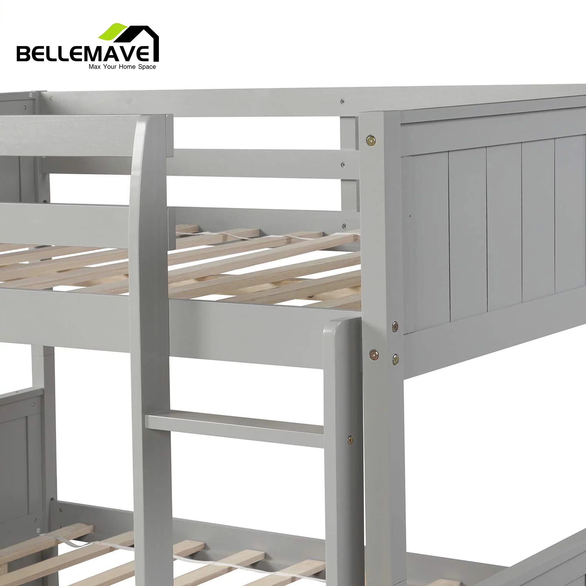 BELLEMAVE Full Over Full Bunk Bed, Wood Bunk Bed Frame with Twin Trundle, Fence Shaped Guardrails, Ladder, Headboard, Convertible into 2 Bed