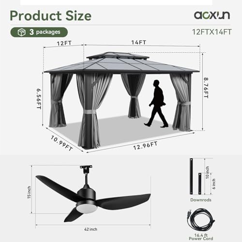 Aoxun 12'x10' Hardtop Gazebo, Aluminum Frame Permanent Pavilion with Curtains and Netting, Outdoor Polycarbonate Double Roof Canopy