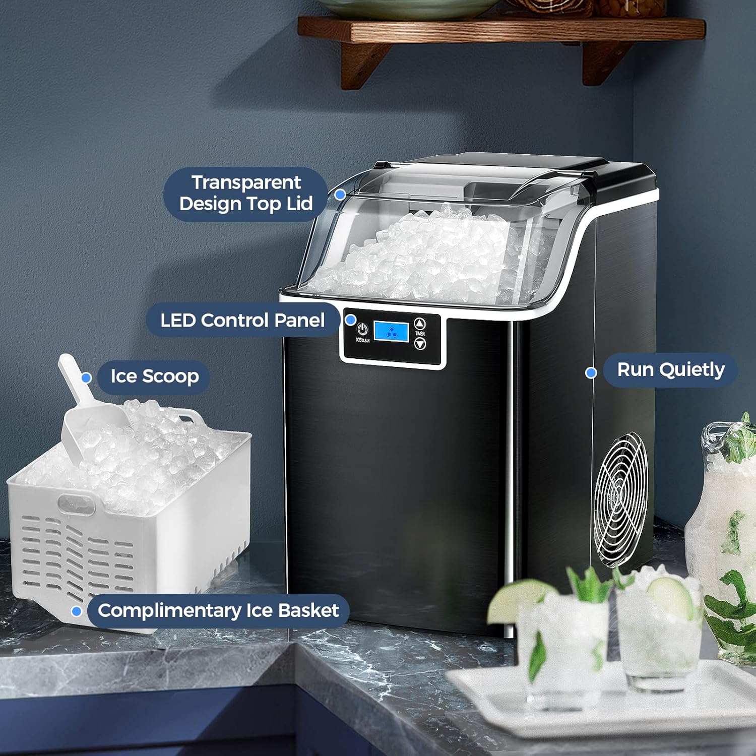 Ice Maker Countertop,Nugget Ice Maker with Self Cleaning,44lbs/Day,3.3lbs 1.5-Hour one Basket,24H Timer,LED Crushed Ice Maker for Home Bar Party