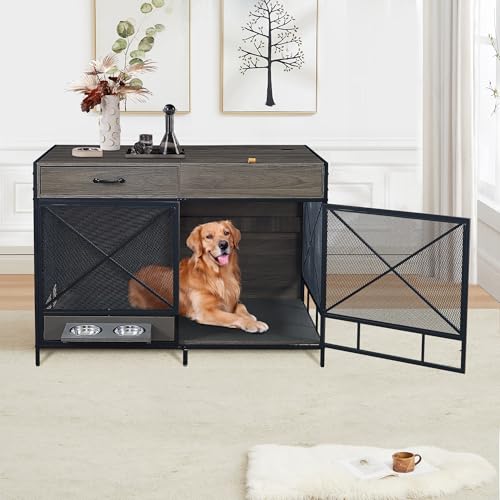 Aoowow Large Double Dog Crate Furniture 72.4" Indoor Dog Kennel with Sliding Barn Door and Divider