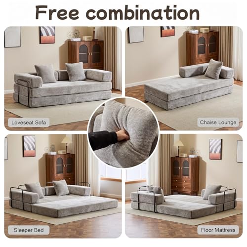 Convertible Floor Sofa Bed, Foldable Mattress Cloud Couch with Pillow Back & Armrest, Chenille Sleeper Sofa Bed with Fixed-Shape Frame