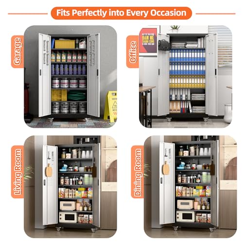 Aobabo 71" H×32" W×16" D Metal Storage Cabinet with Wheels, Garage Steel Storage Cabinet with 5 Adjustable Shelves and 4 Hooks for Home Office
