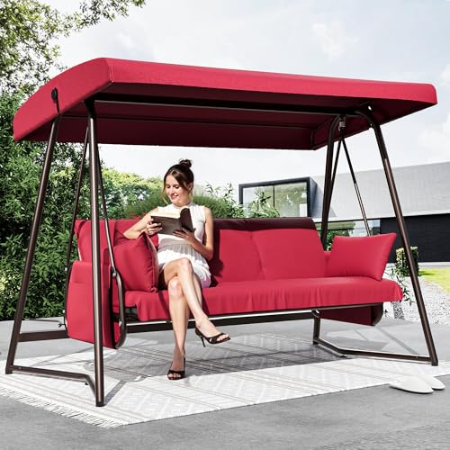 3-4 Person Oversized Outdoor Porch Swing with Adjustable Backrest Canopy,2-in-1 Swing Bed 800 lbs Capacity