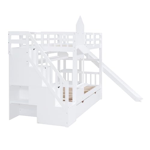 Full-Over-Full Castle Style Bunk Bed with 2 Drawers and 3 Shelves, Wood Bunk Bed Frame with Slide and Storage Staircase for Kids Teens Boys Girls