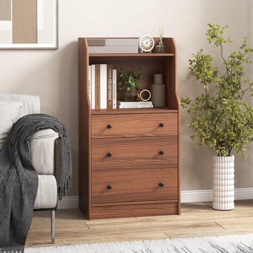 LOKO 3 Drawers Dresser with Shelves, Tall Nightstand with 2 Open Shelves, Modern Chest of Drawers with Anti-Toppling Device