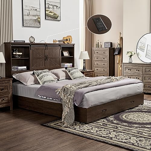 VanAcc Full Size Bed Frame, Wooden Platform Storage Bed with 51.2" Bookcase Headboard, 2 Drawers