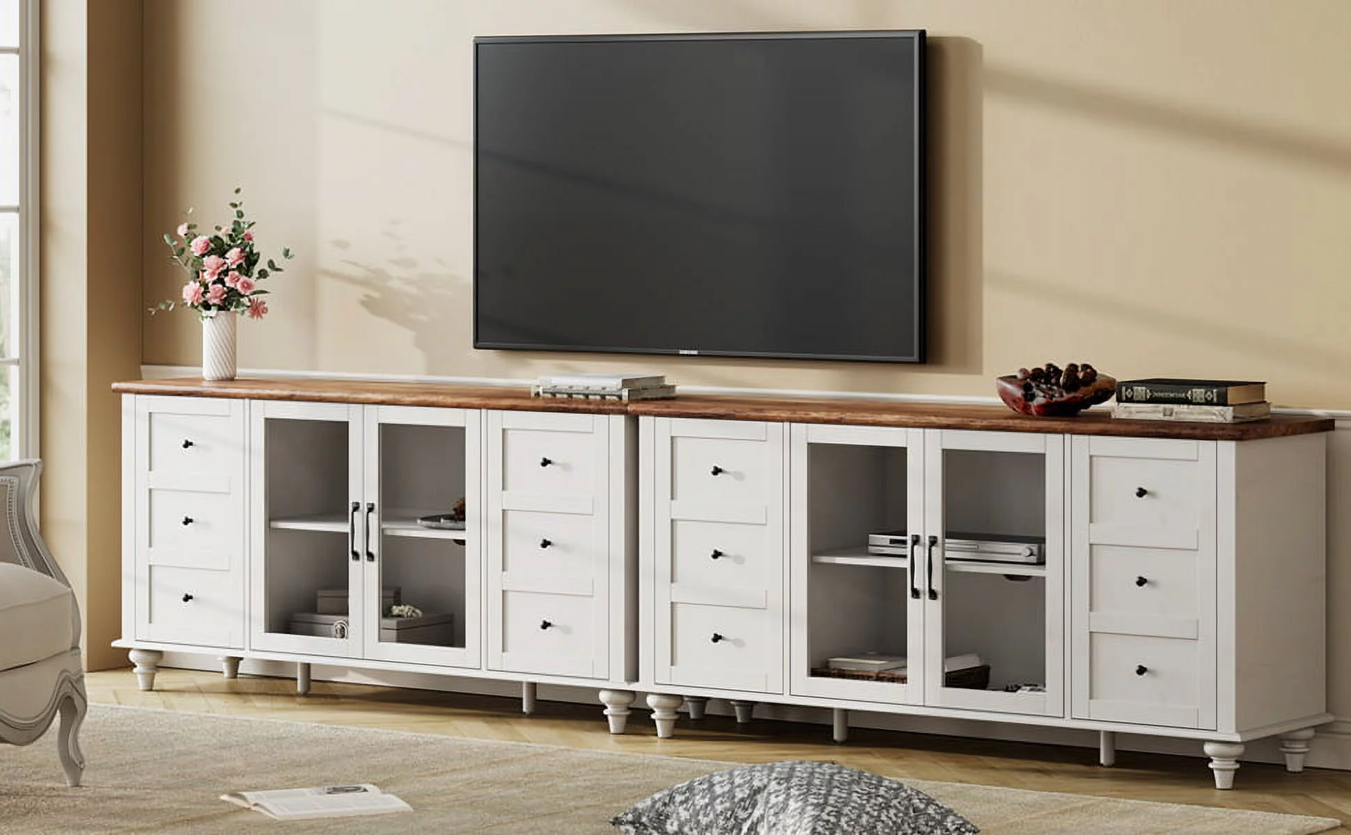 WAMPAT Glass Door Farmhouse TV Stand for TVs Up to 110 inch, Glass and Wood Universal TV Stand