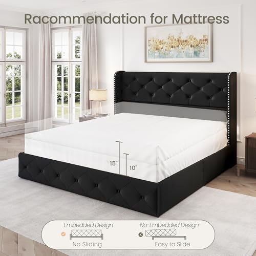 King Size Bed Frame with 4 Storage Drawers and Tufted Headboard Linen Upholstered Platform Bed Frame Wingback Beds with Wooden Slats Support