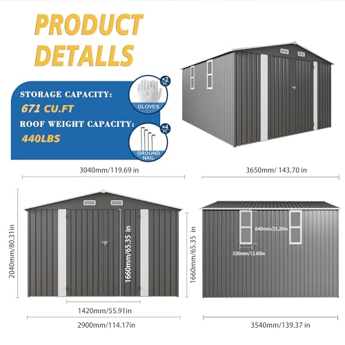 10x12x6.7FT Outdoor Storage Shed, Galvanized Steel Garden Shed with Lockable Door & Window, Waterproof Metal Tool Storage for Garden, Backyard, Patio