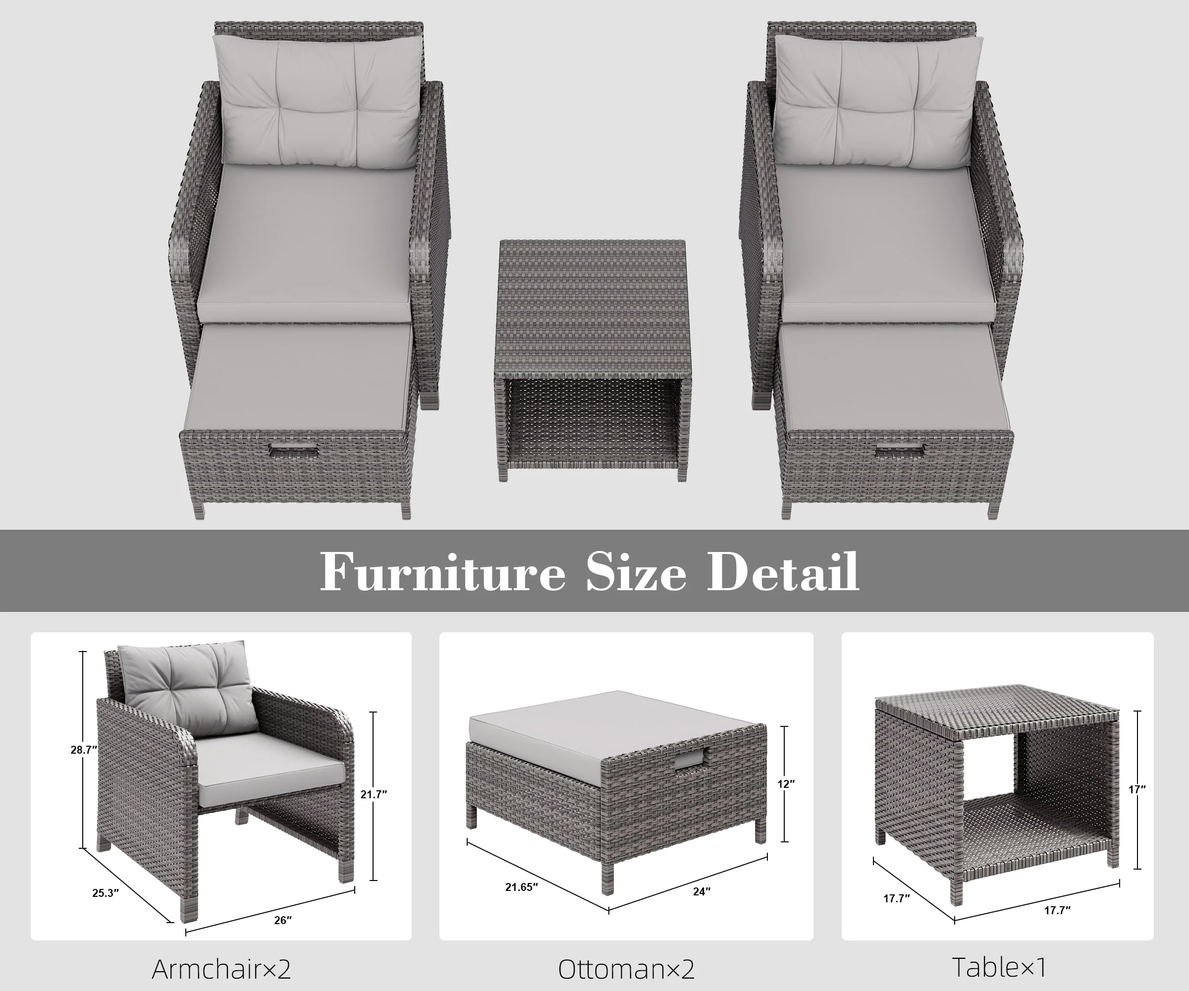 LHBcraft Balcony Furniture 5 Piece Patio Conversation Set, PE Wicker Rattan Outdoor Lounge Chairs with Soft Cushions 2 Ottoman&Glass Table for Porch