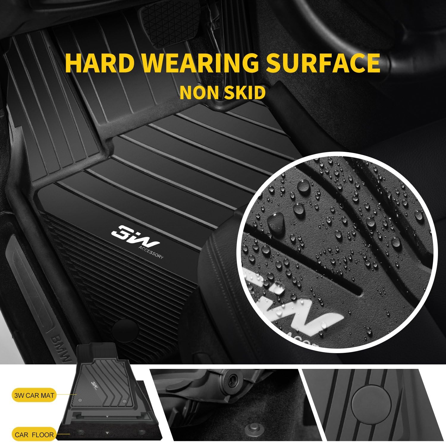 3W Cargo Liner for BMW X5 (2014-2018) Harmless Heavy Duty All Weather Custom Fit Trunk Mat, Black Pack of 2